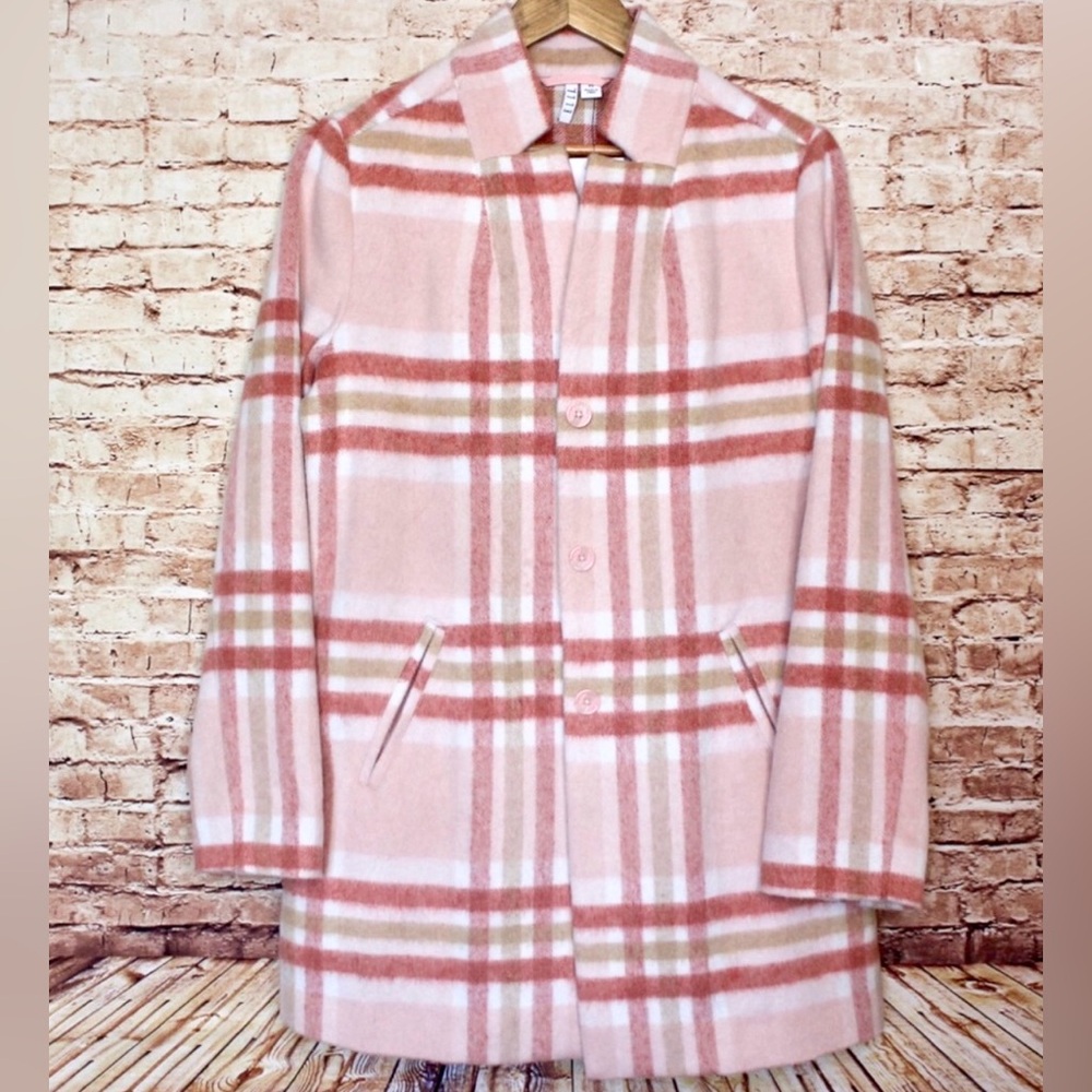 ELLE | Top Notch Pink Plaid Car Coat Marble Button